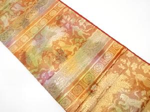 横段に向かい動物・草花模様織出し袋帯